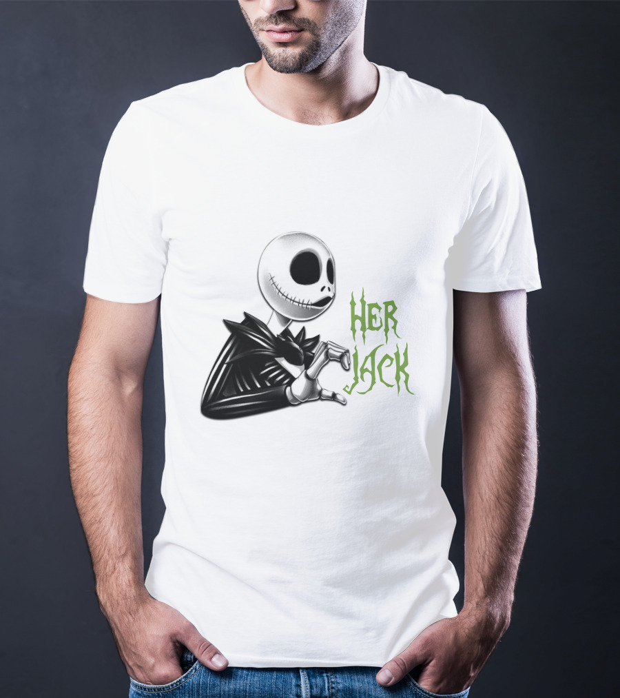 Her Jack Skeleton Character Sketch Black And White Green Lettering T-Shirt