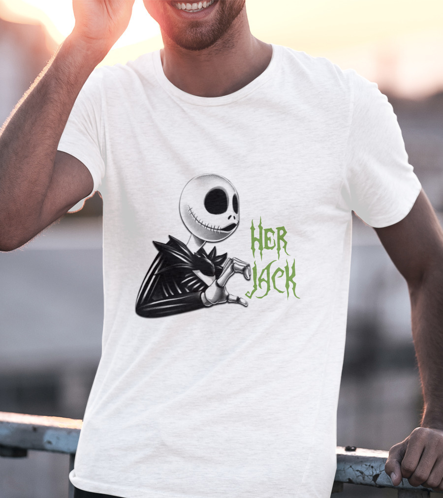 Her Jack Skeleton Character Sketch Black And White Green Lettering T-Shirt