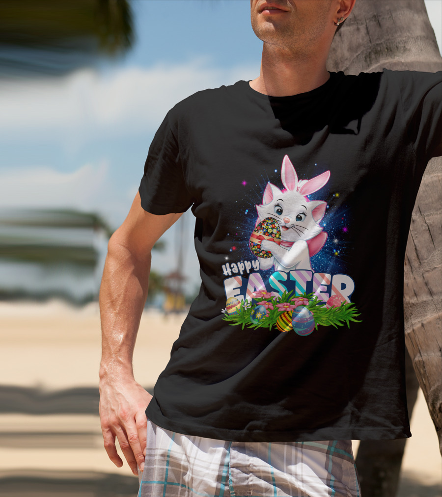 Happy Easter Marie Cat With Colorful Easter Eggs And Flowers T-Shirt