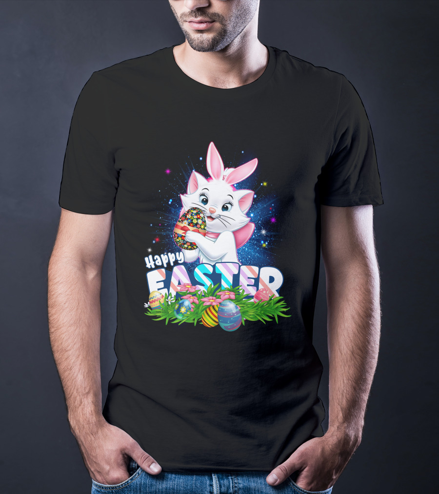 Happy Easter Marie Cat With Colorful Easter Eggs And Flowers T-Shirt