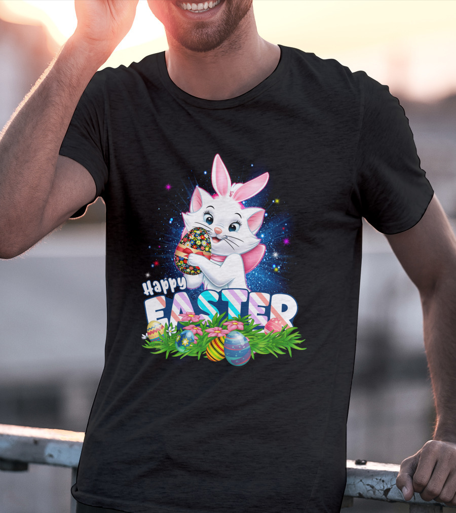 Happy Easter Marie Cat With Colorful Easter Eggs And Flowers T-Shirt
