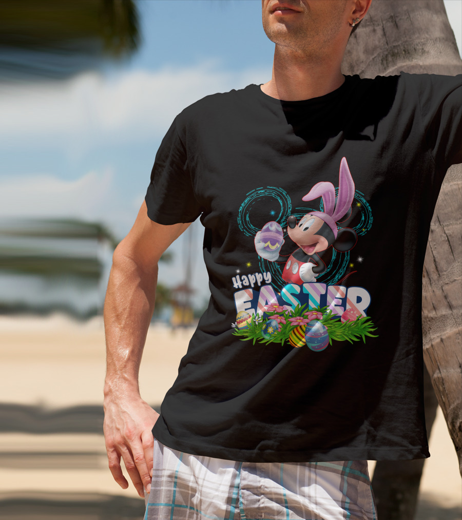 MK Happy Easter Mickey Mouse Bunny Ears Holding Colorful Easter Eggs In Grass T-Shirt