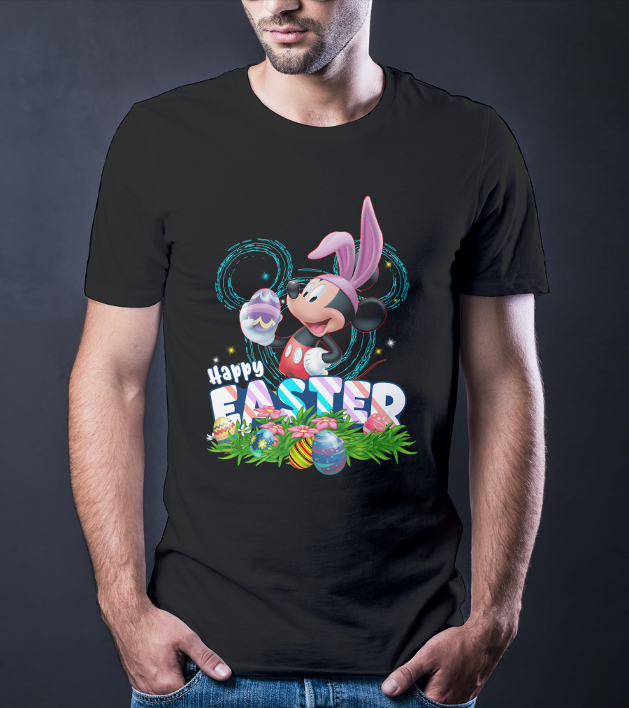 MK Happy Easter Mickey Mouse Bunny Ears Holding Colorful Easter Eggs In Grass T-Shirt