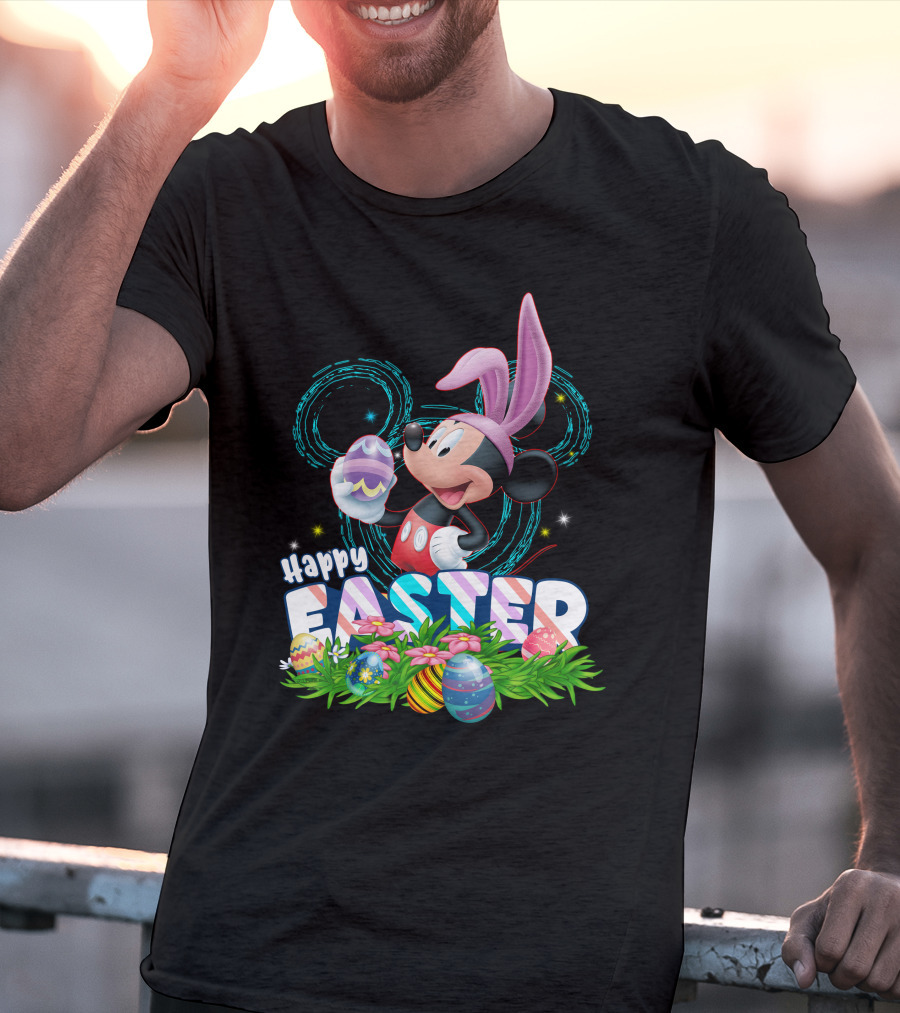 MK Happy Easter Mickey Mouse Bunny Ears Holding Colorful Easter Eggs In Grass T-Shirt