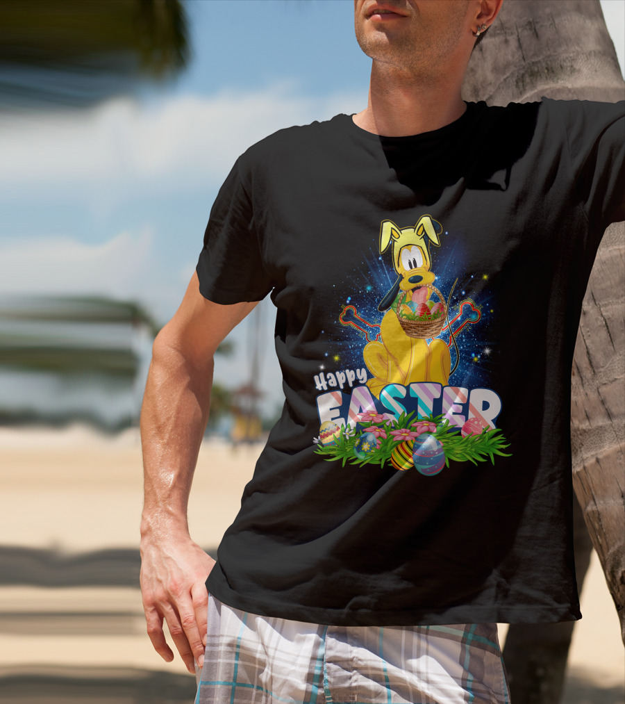 Pluto Happy Easter Basket With Eggs And Flowers T-Shirt