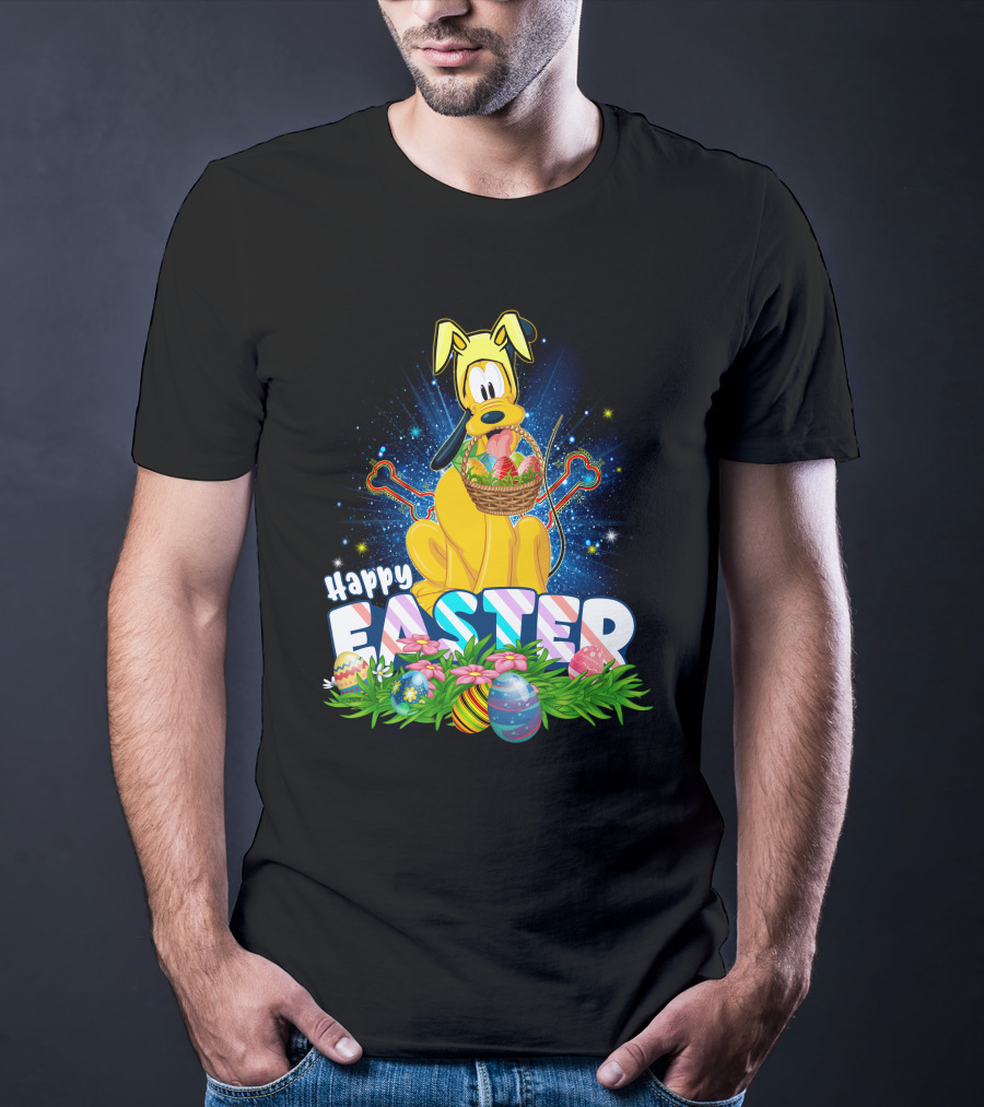 Pluto Happy Easter Basket With Eggs And Flowers T-Shirt