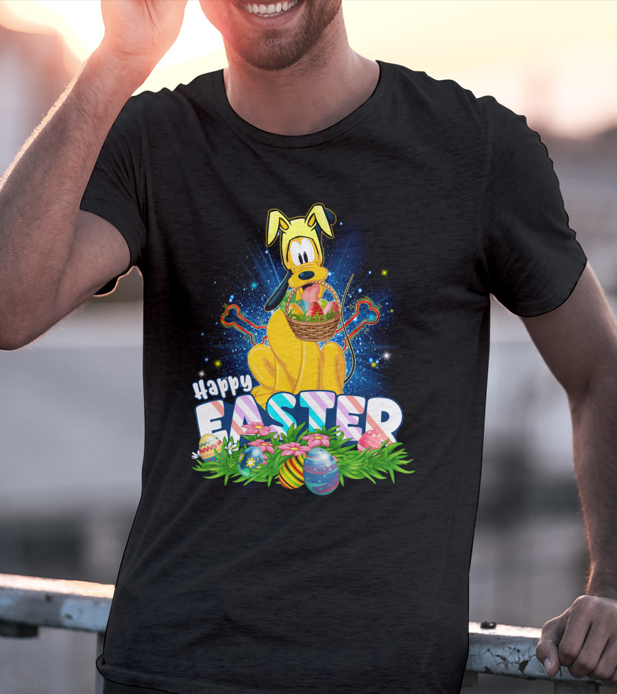 Pluto Happy Easter Basket With Eggs And Flowers T-Shirt