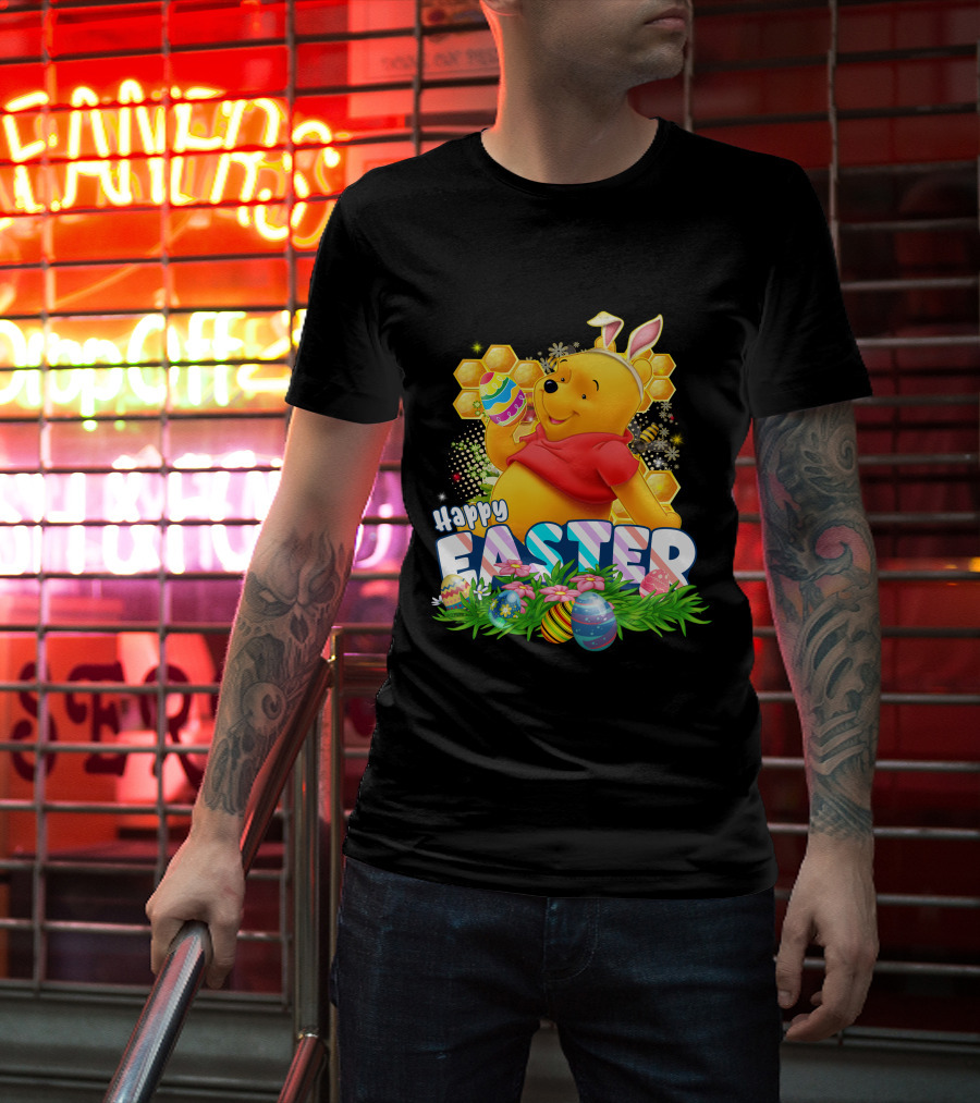Pooh Happy Easter With Eggs And Honeycomb Background T-Shirt