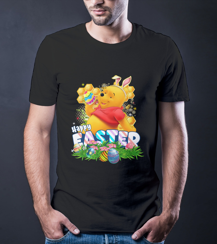 Pooh Happy Easter With Eggs And Honeycomb Background T-Shirt