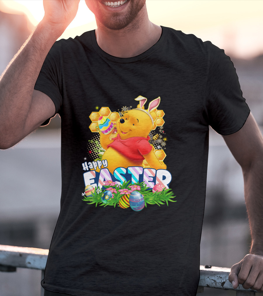 Pooh Happy Easter With Eggs And Honeycomb Background T-Shirt