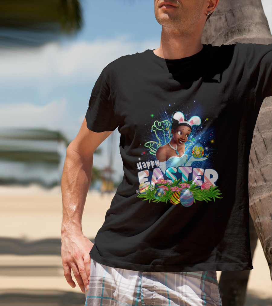Tiana Happy Easter Bunny Ears Sparkling Eggs And Flowers T-Shirt