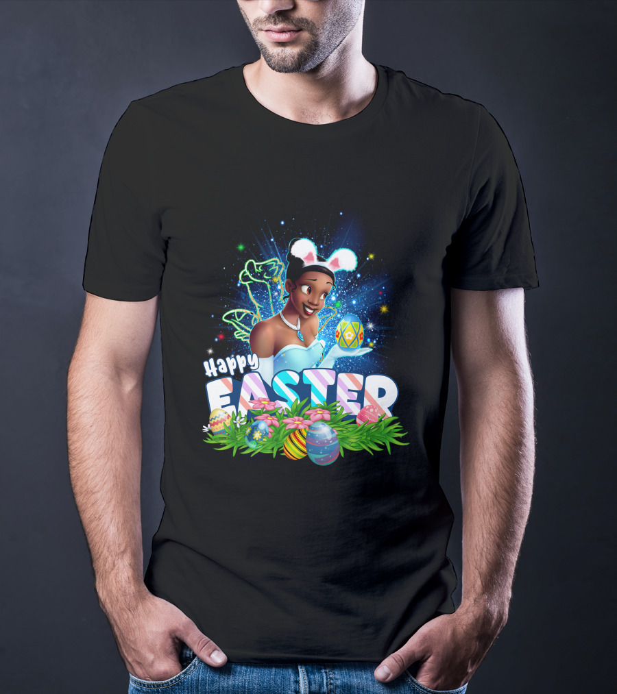 Tiana Happy Easter Bunny Ears Sparkling Eggs And Flowers T-Shirt