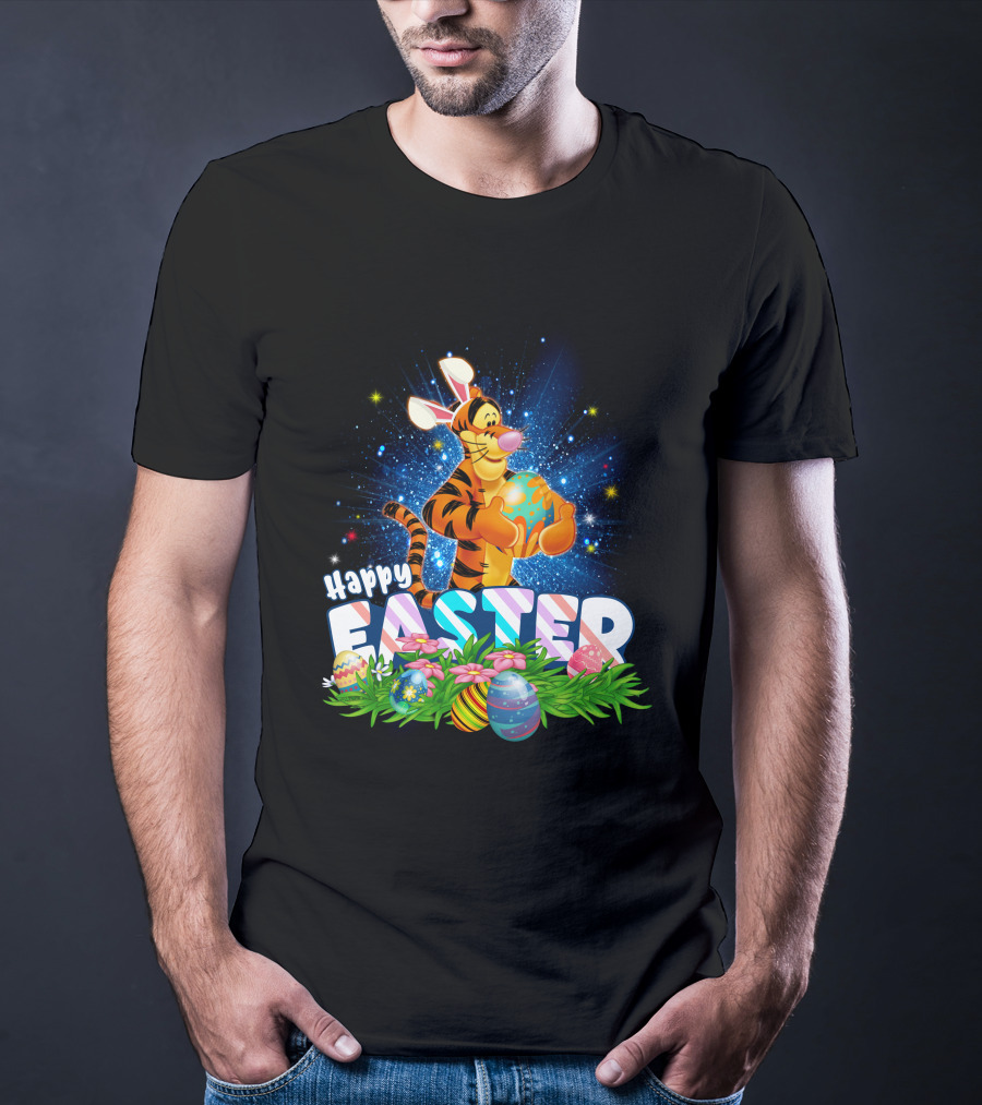 Tigger Happy Easter With Colorful Eggs And Flowers T-Shirt