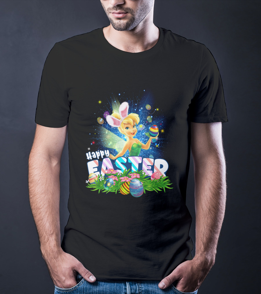Happy Easter Tinkerbell With Bunny Ears And Colorful Eggs T-Shirt