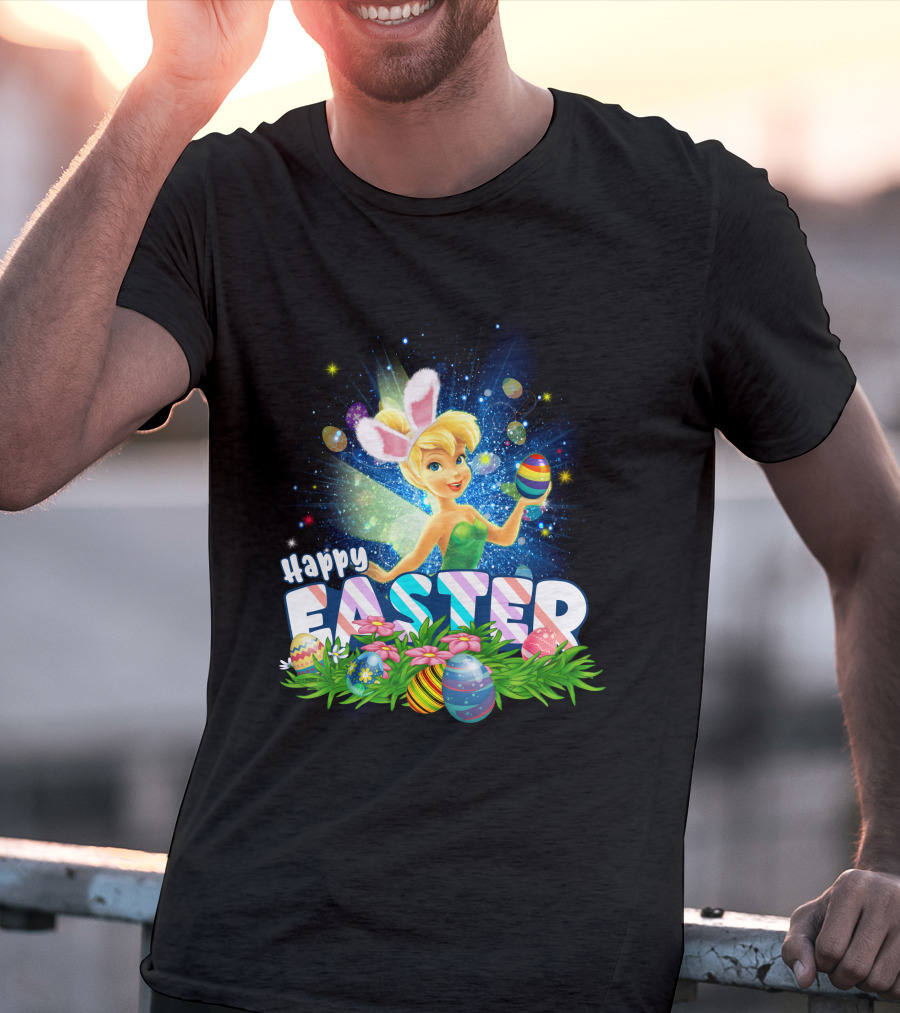 Happy Easter Tinkerbell With Bunny Ears And Colorful Eggs T-Shirt