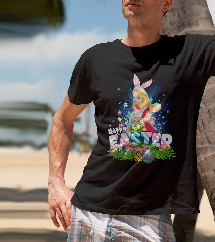 Alice Happy Easter Bunny Ears With Colorful Eggs And Flowers T-Shirt