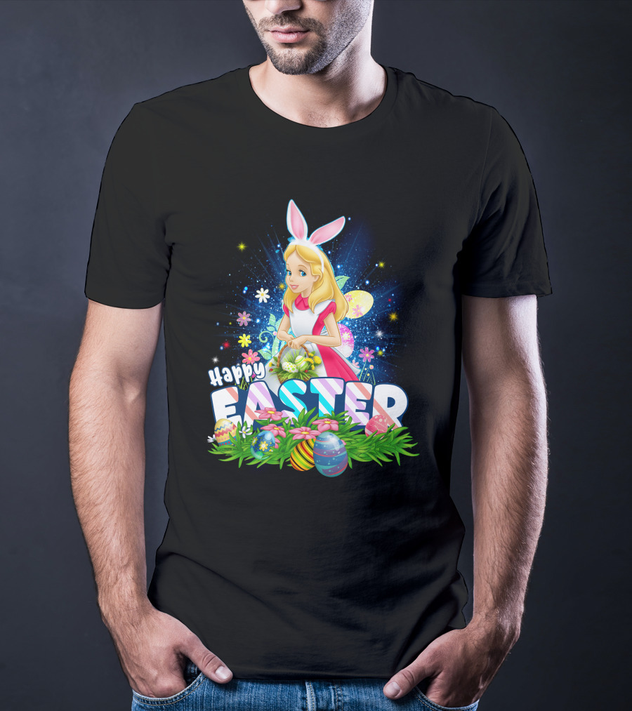 Alice Happy Easter Bunny Ears With Colorful Eggs And Flowers T-Shirt
