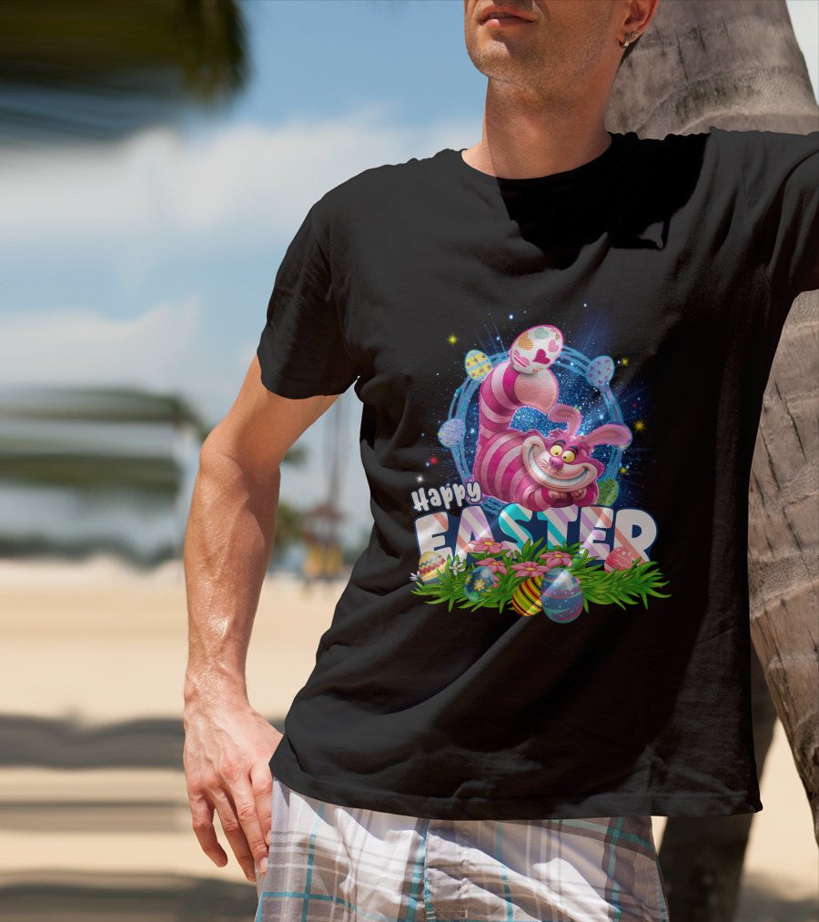 Cheshire Cat Happy Easter Eggs And Flowers T-Shirt