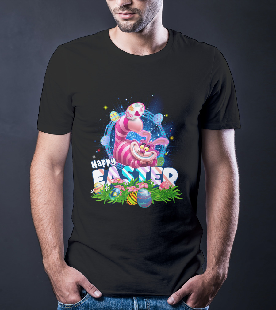 Cheshire Cat Happy Easter Eggs And Flowers T-Shirt