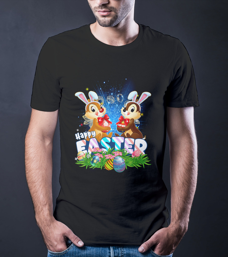 Chip Dale Happy Easter With Bunny Ears And Colorful Eggs T-Shirt