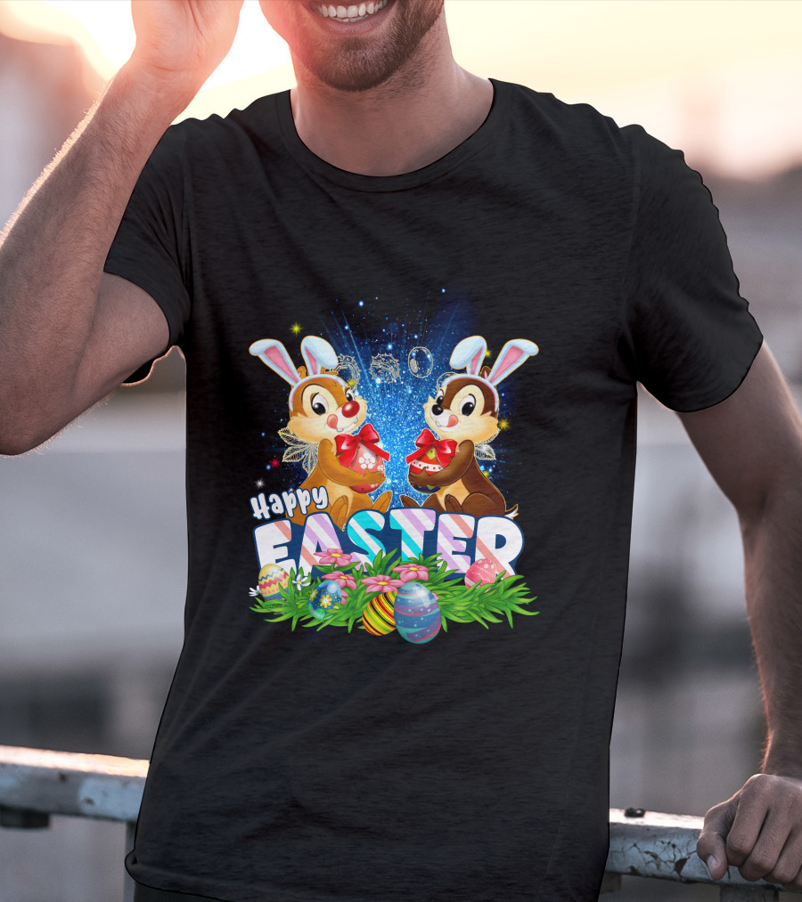 Chip Dale Happy Easter With Bunny Ears And Colorful Eggs T-Shirt