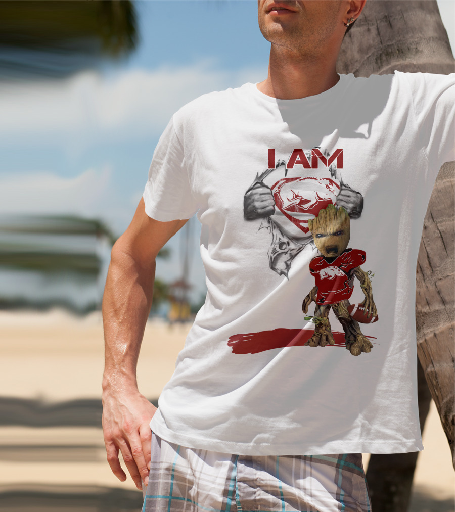 I AM Arkansas Razorbacks Baby Groot Superman T-Shirt