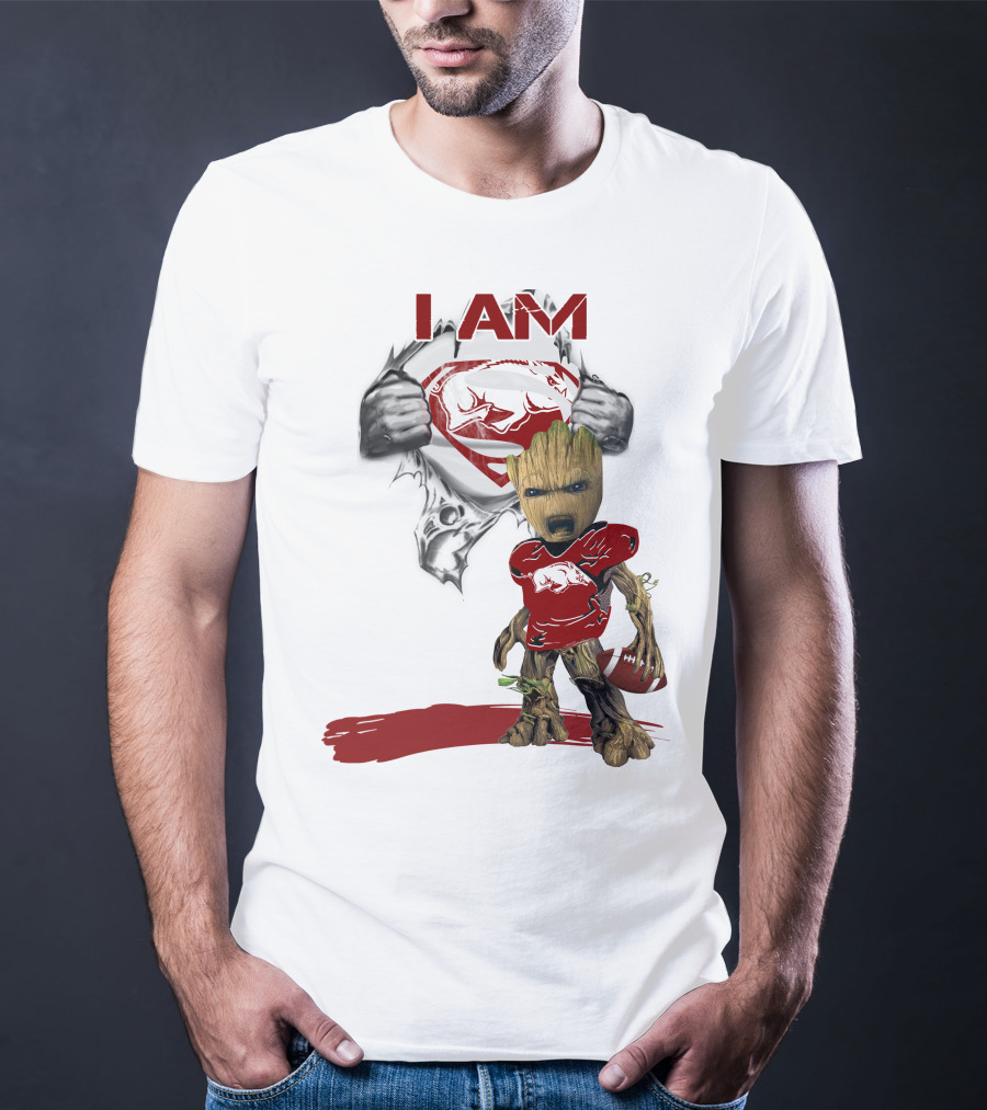 I AM Arkansas Razorbacks Baby Groot Superman T-Shirt