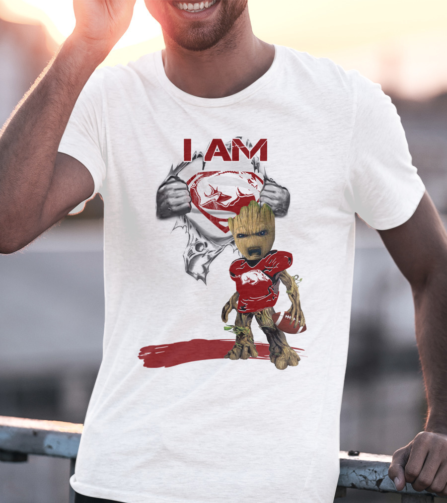 I AM Arkansas Razorbacks Baby Groot Superman T-Shirt