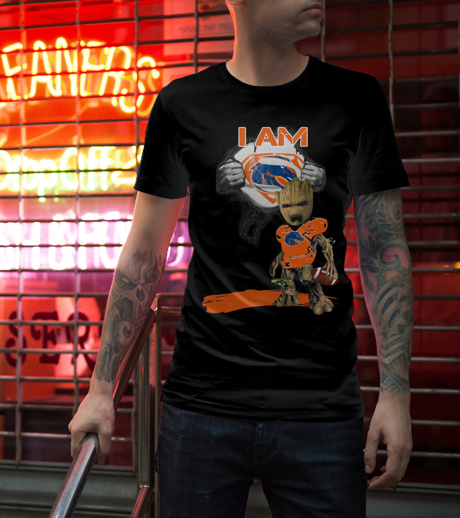 Boise State Broncos Baby Groot Superman I Am Football Fan T-Shirt