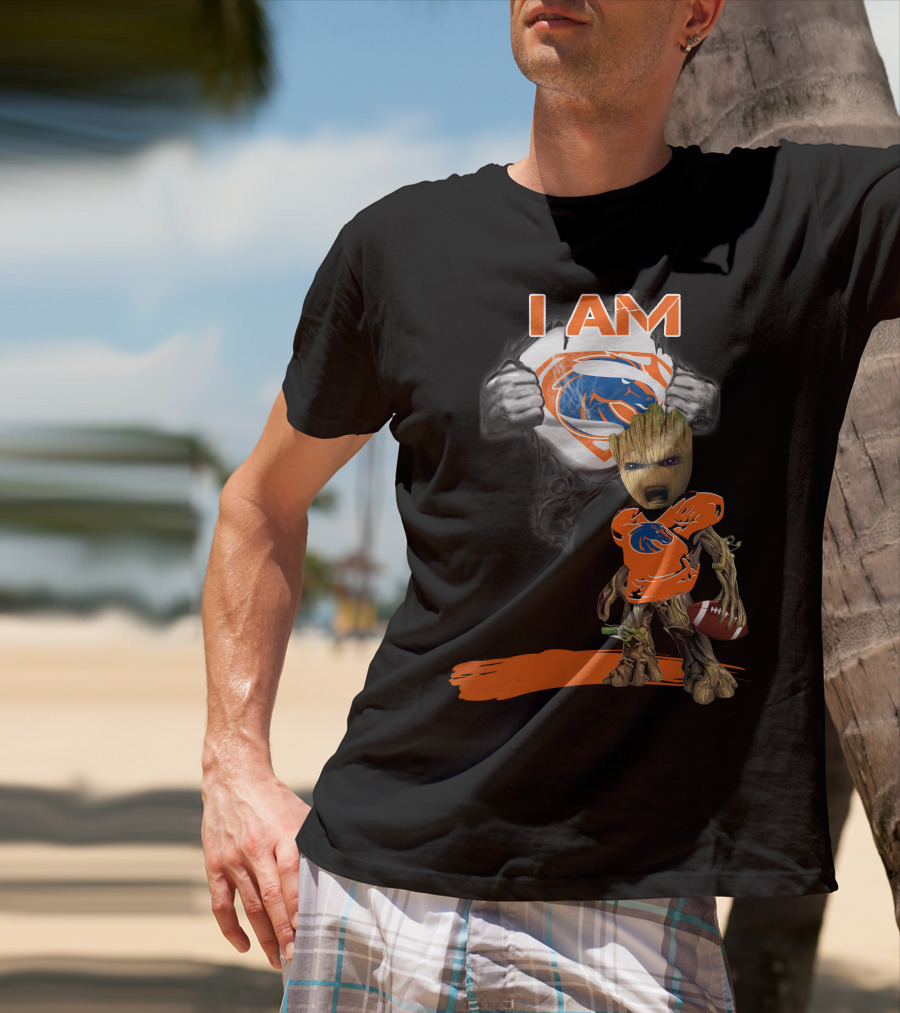 Boise State Broncos Baby Groot Superman I Am Football Fan T-Shirt