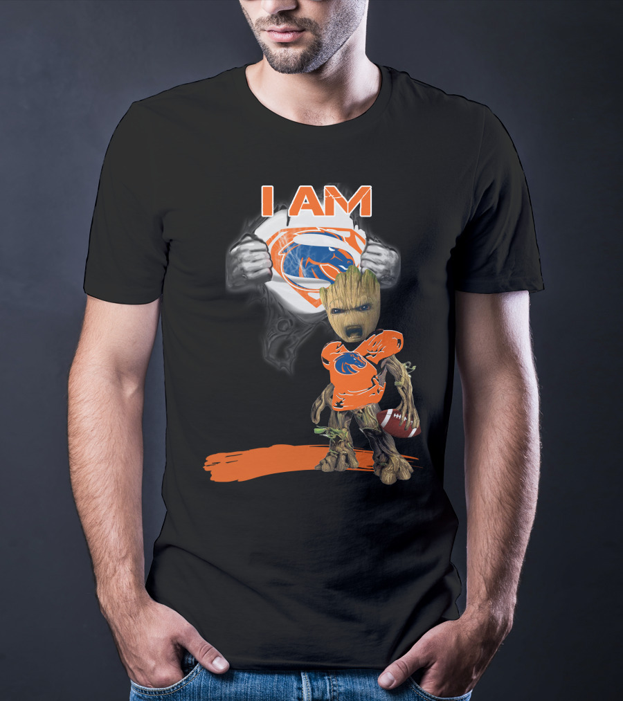 Boise State Broncos Baby Groot Superman I Am Football Fan T-Shirt
