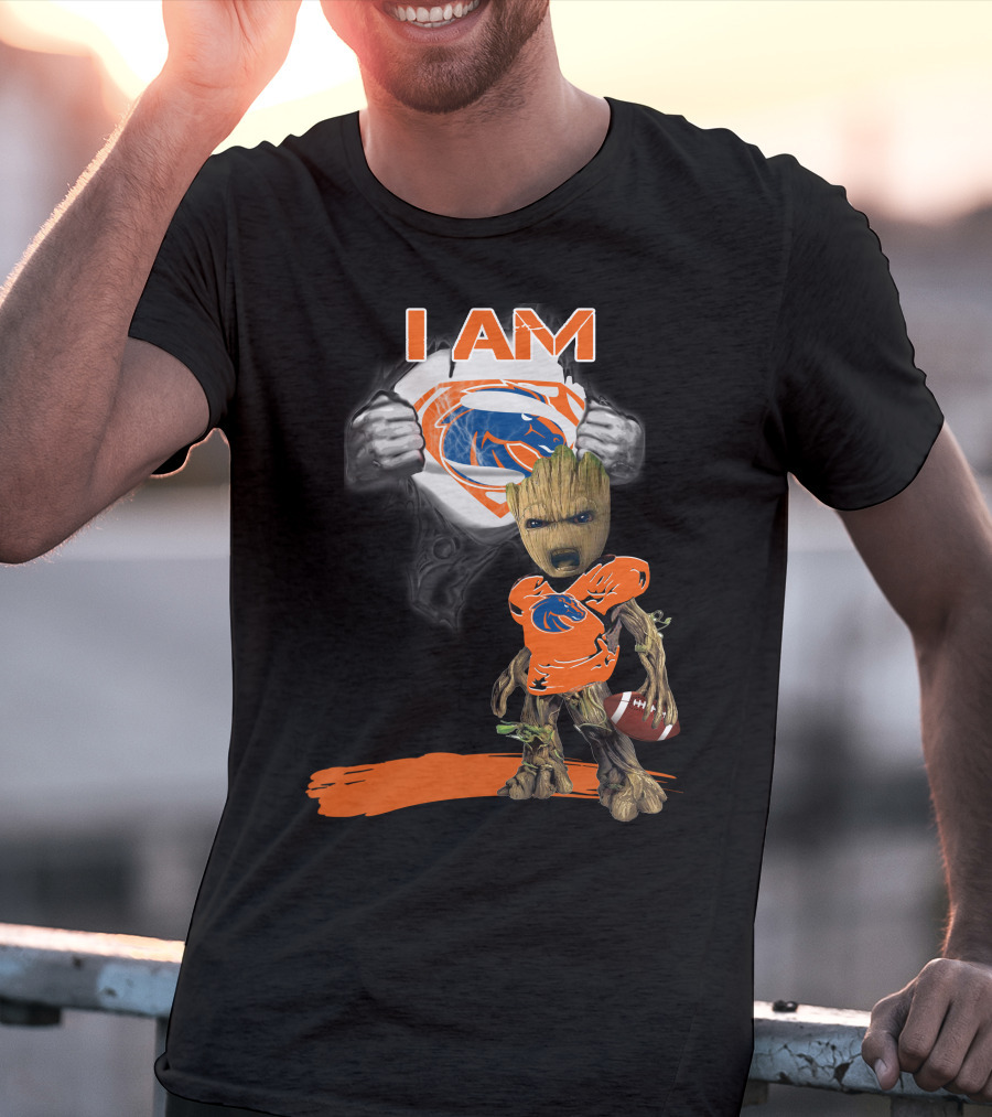Boise State Broncos Baby Groot Superman I Am Football Fan T-Shirt