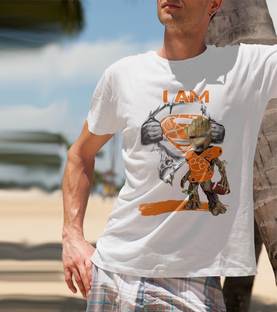 I Am Clemson Baby Groot Superman Football T-Shirt