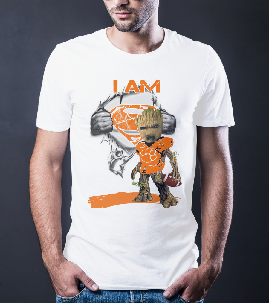 I Am Clemson Baby Groot Superman Football T-Shirt