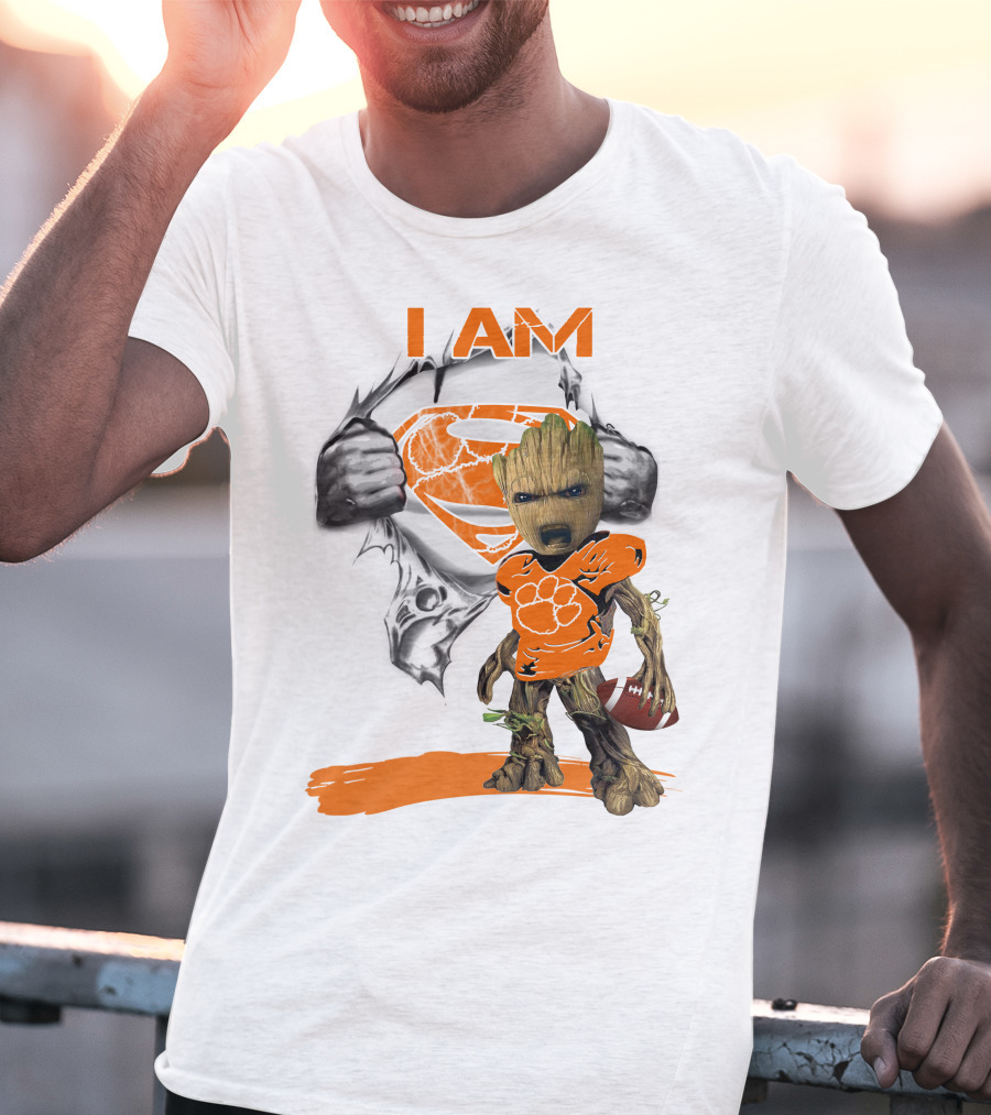 I Am Clemson Baby Groot Superman Football T-Shirt