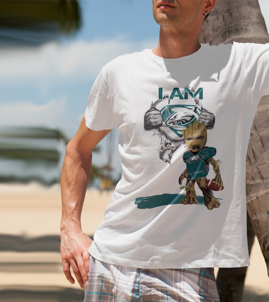 I Am Eagles Baby Groot Superman Football Fan T-Shirt