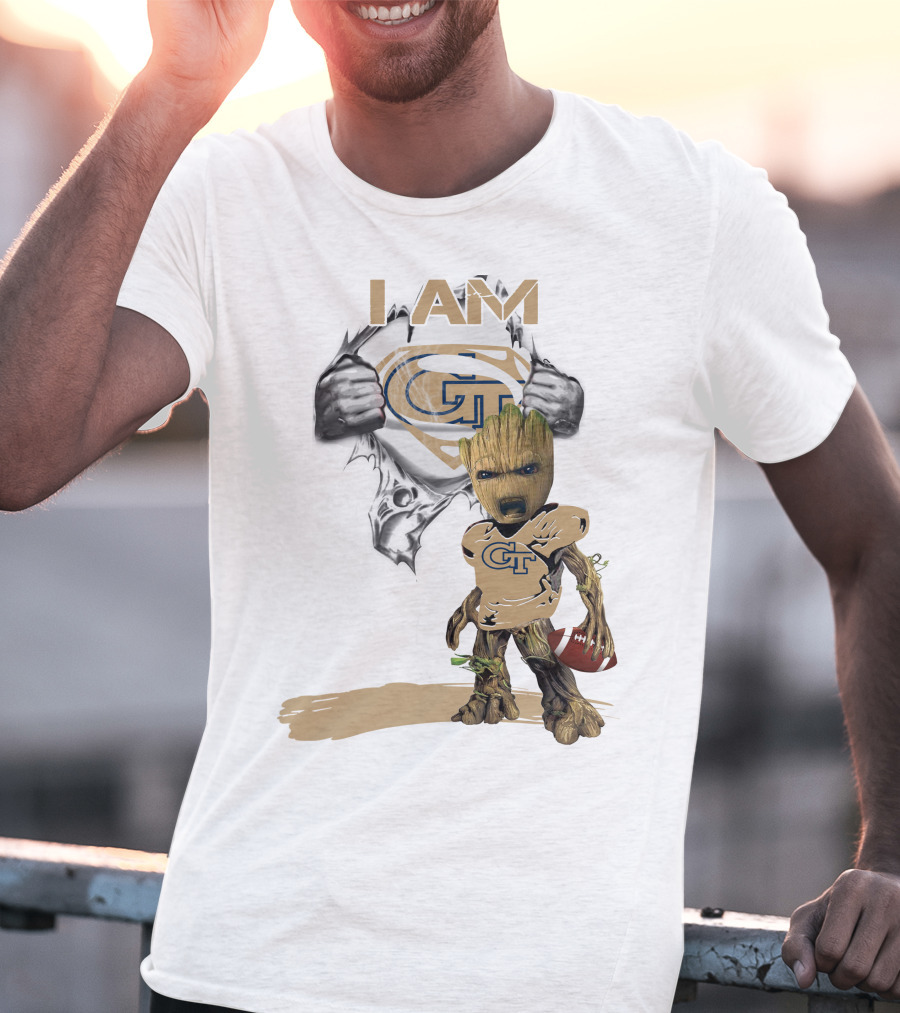 I AM Georgia Tech Baby Groot Superman Football T-Shirt