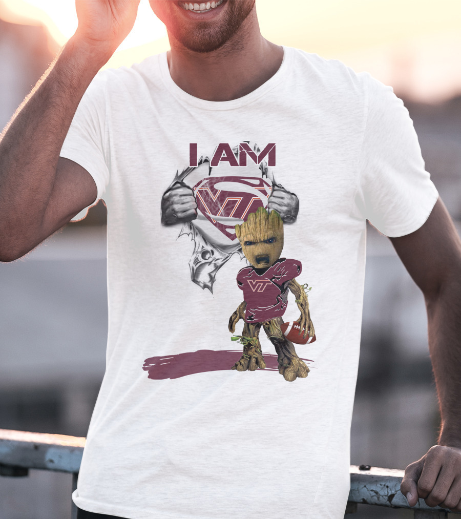 I AM Hokies VT Baby Groot Superman Football T-Shirt