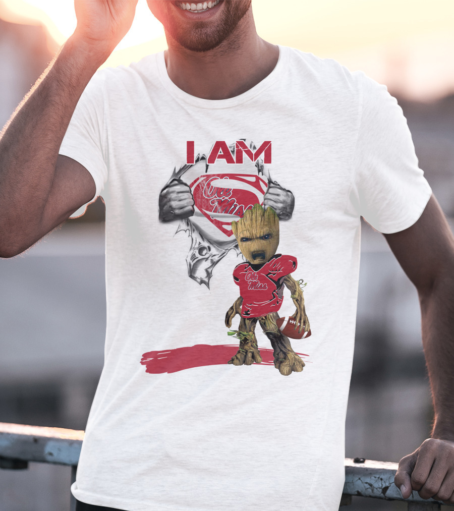 I Am Ole Miss Baby Groot Superman Football Player T-Shirt