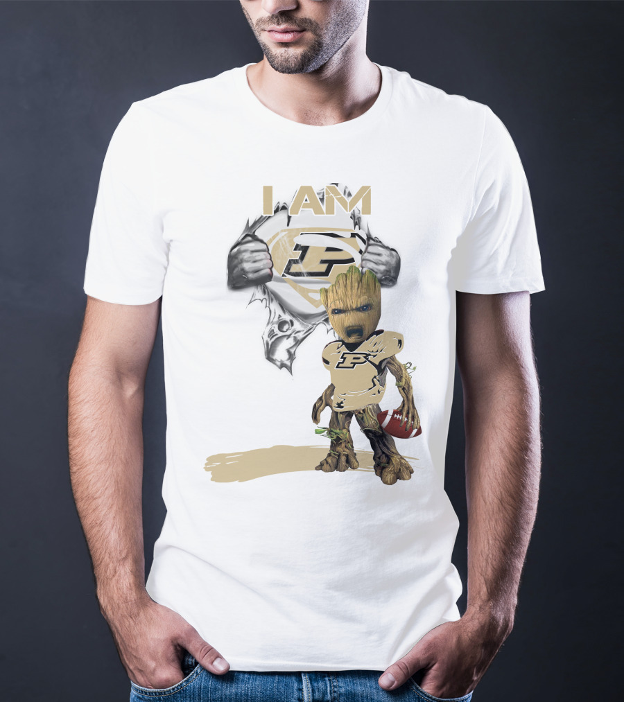 I AM Purdue Baby Groot With Football Superman T-Shirt