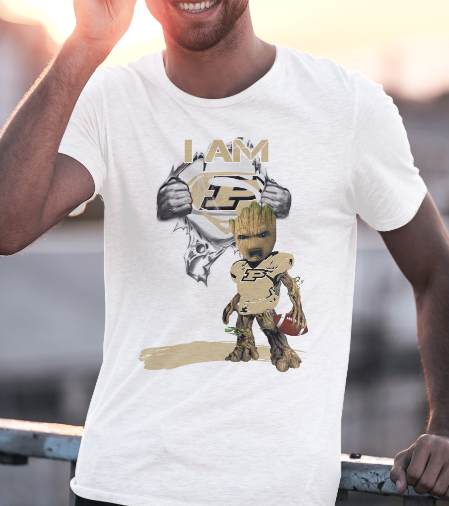 I AM Purdue Baby Groot With Football Superman T-Shirt