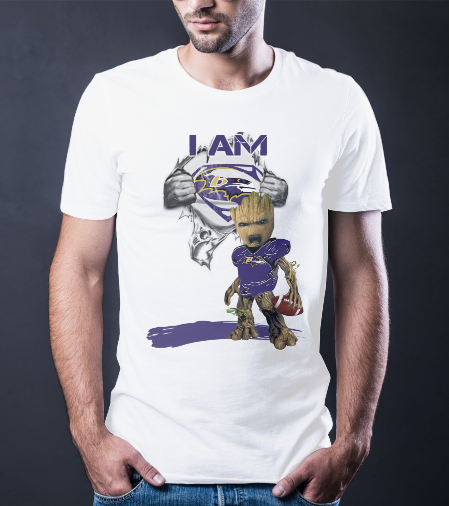 I Am Ravens Baby Groot Superman Football Ravens T-Shirt