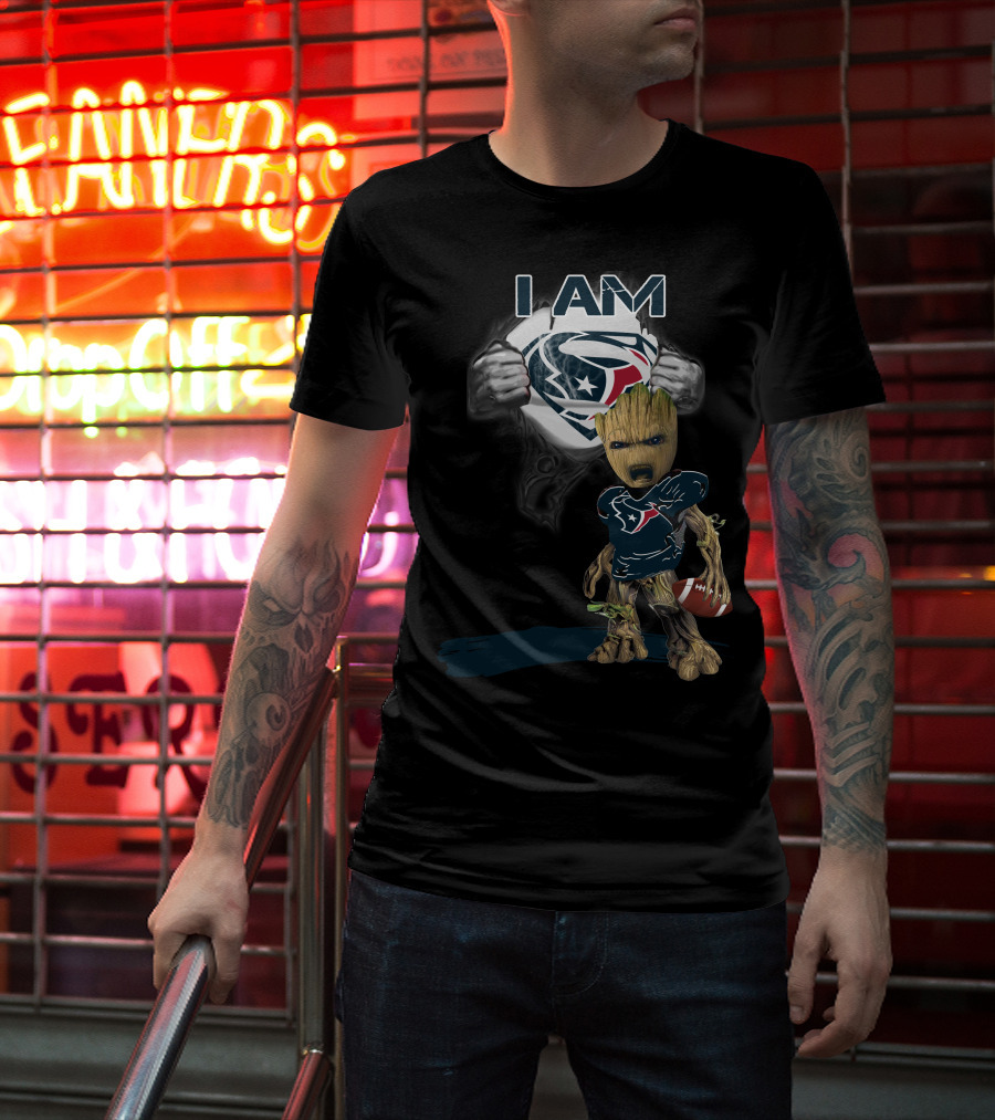 I Am Texans Baby Groot Superman Logo Football T-Shirt