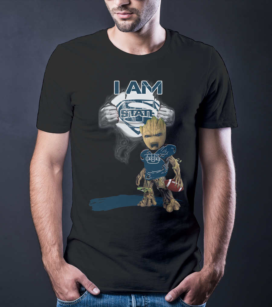 I AM Utah State Baby Groot Superman Football T-Shirt