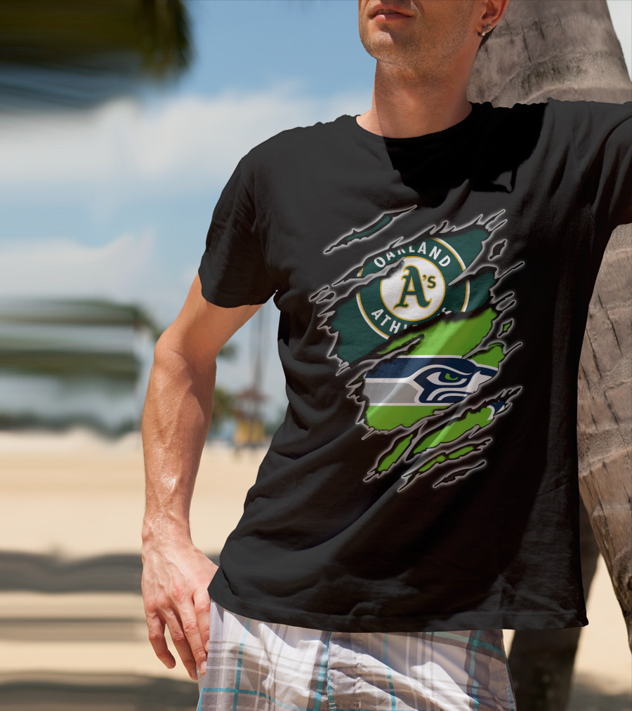 Oakland Athletics A's Seattle Seahawks Logo Split T-Shirt