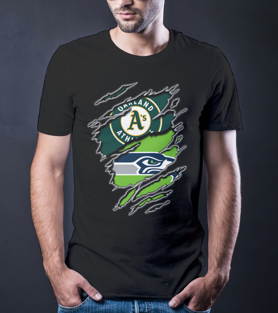 Oakland Athletics A's Seattle Seahawks Logo Split T-Shirt