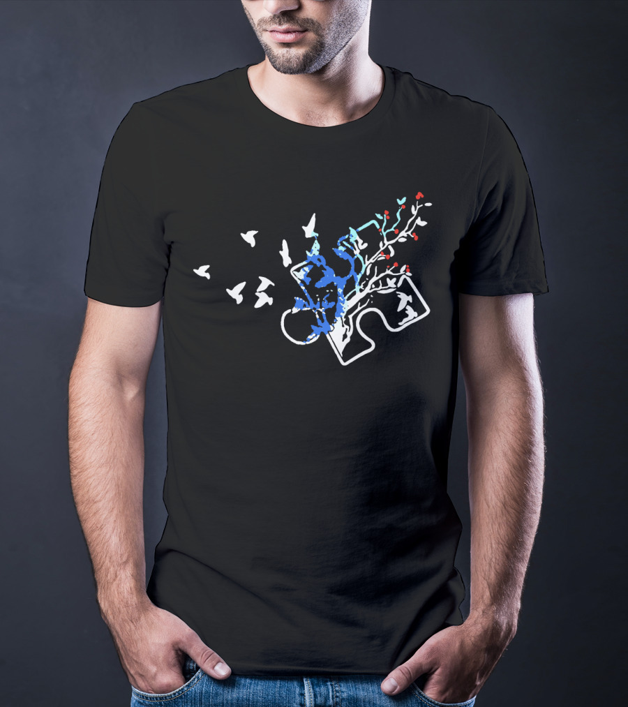 Autism Puzzle Piece With White Birds And Floral Tree Branches T-Shirt