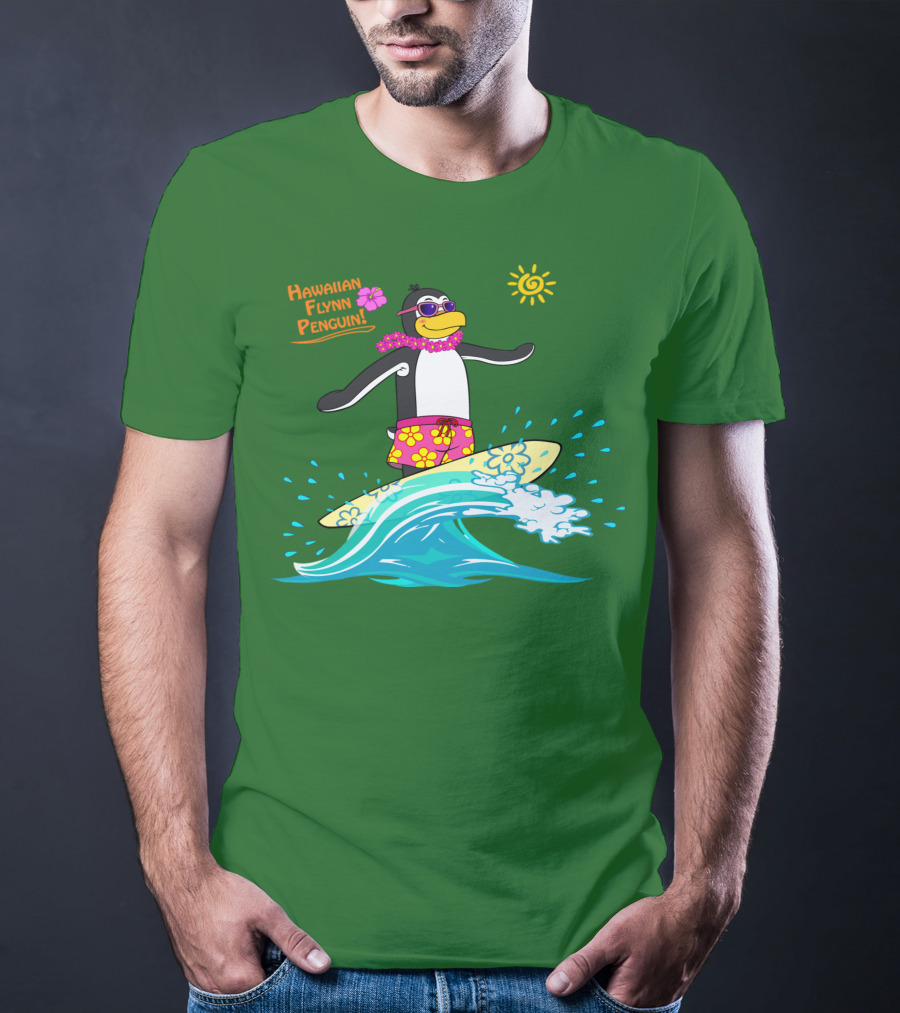 Hawaiian Flynn Penguin Surfing With Floral Lei And Sunglasses T-Shirt