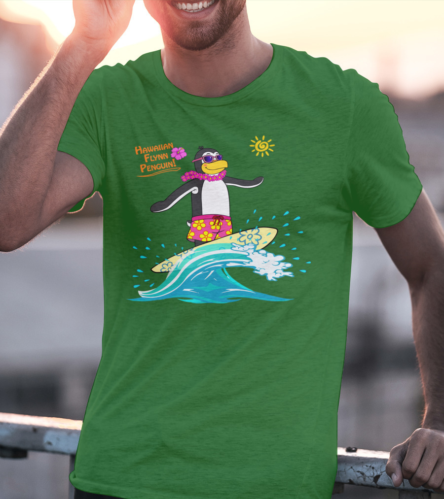 Hawaiian Flynn Penguin Surfing With Floral Lei And Sunglasses T-Shirt
