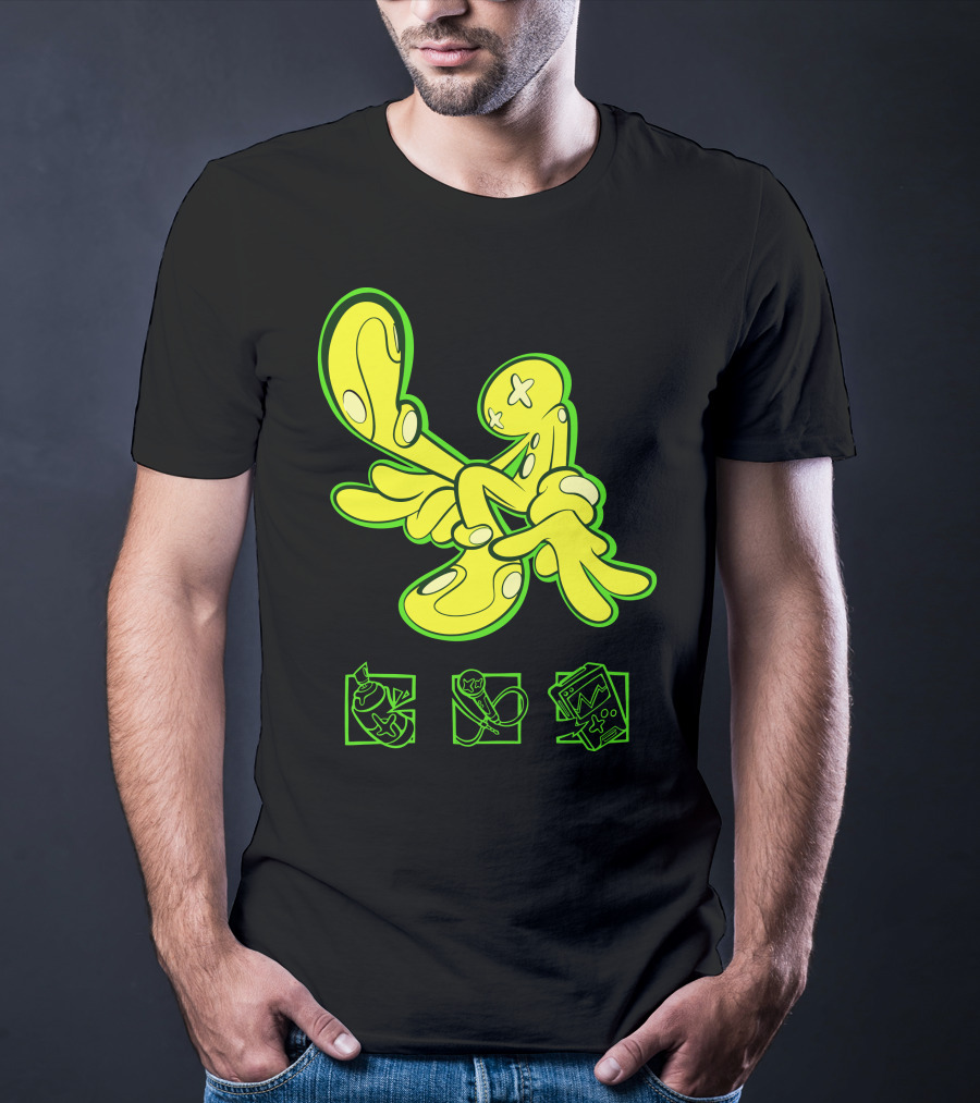 OFFCANNY Neon Cartoon Figure With Iconic Symbols T-Shirt